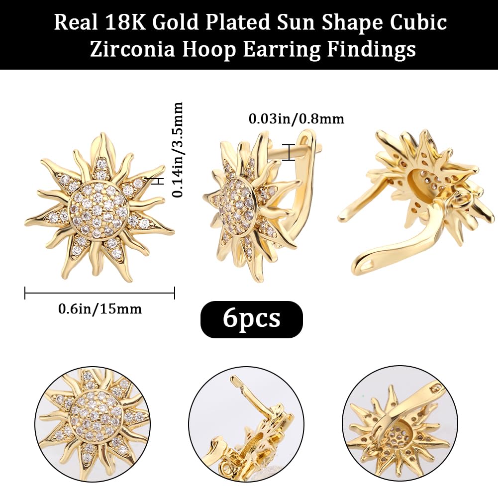 Beebeecraft 1 Box 6Pcs Sun Earring Findings 18K Gold Plated Cubic Zirconia U Shaped Earring Hooks for DIY Jewelry Making Supplies Pin: 0.8mm