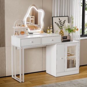 PAKASEPT Makeup Vanity Desk with Mirror and Lights, Makeup Table with Lots Storage, 3 Lighting Modes, Brightness Adjustable, Dressing Table for Women Girls