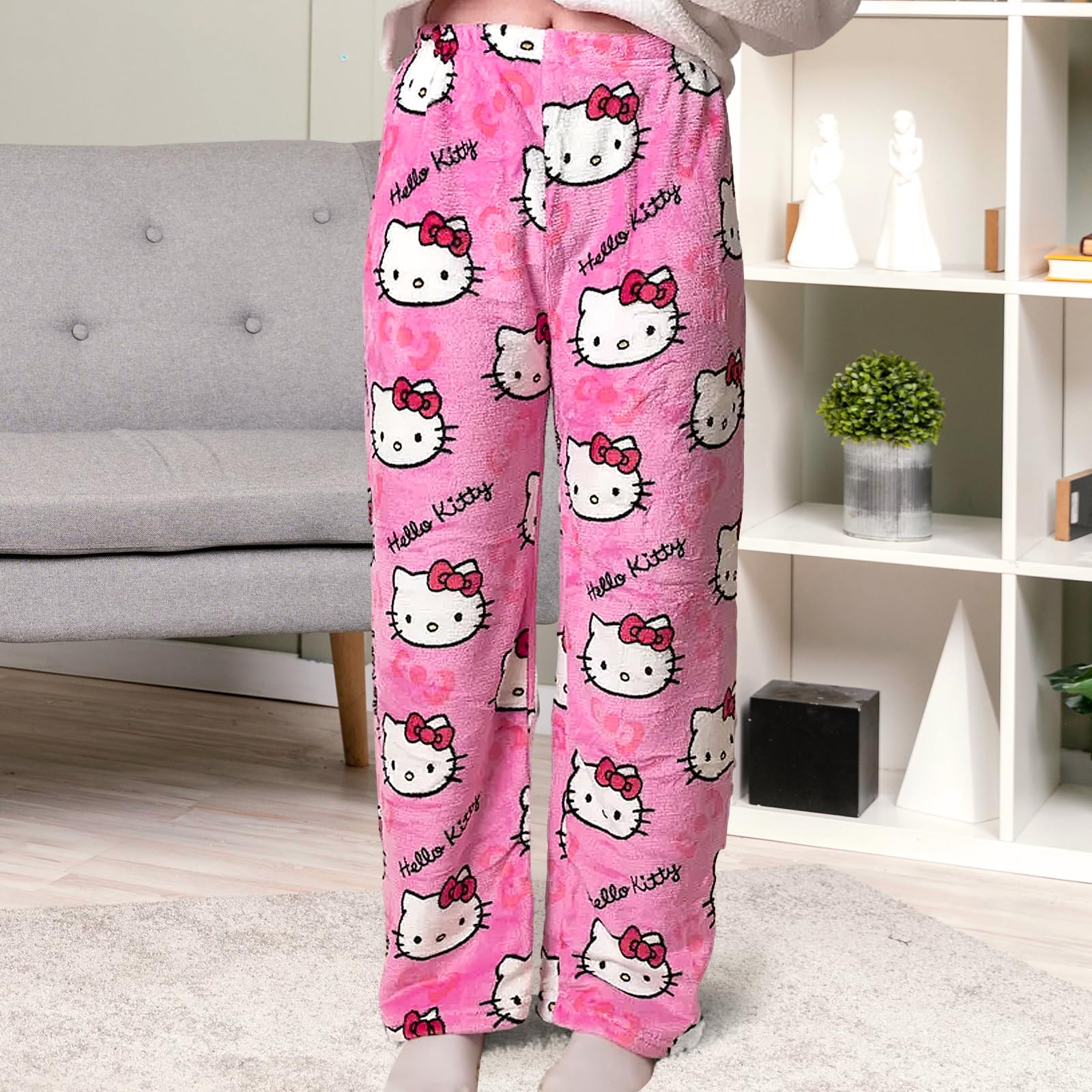 TONYOPT Anime Pajamas for Women Girls Cute Cartoon Cat Print Flannel Christmas Halloween Kawaii Casual Sleep Pajama Pants(M,Rose red)