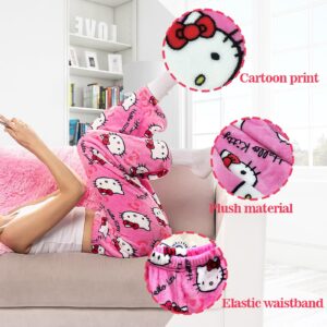 TONYOPT Anime Pajamas for Women Girls Cute Cartoon Cat Print Flannel Christmas Halloween Kawaii Casual Sleep Pajama Pants(M,Rose red)