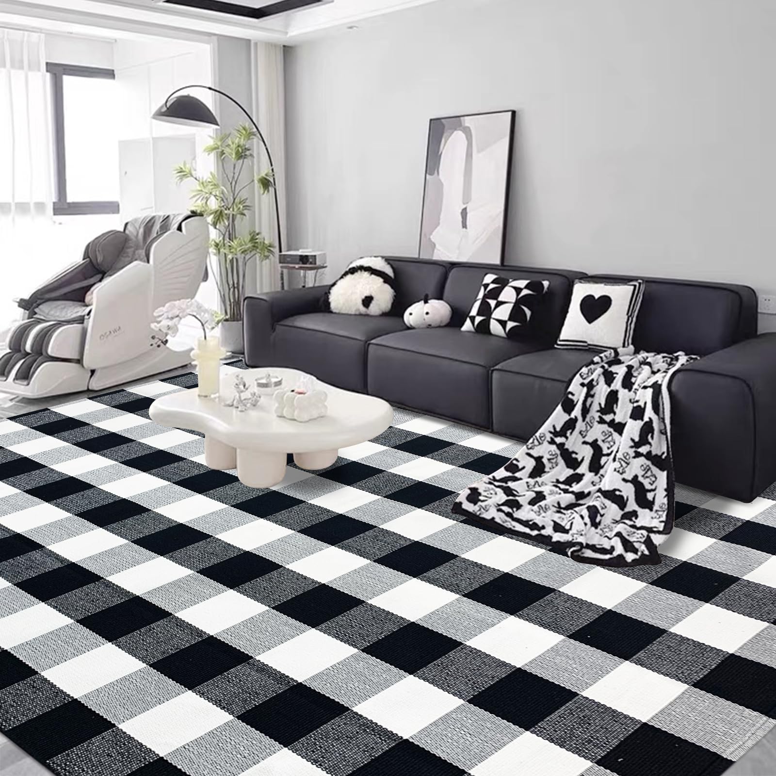 USTIDE Buffalo Plaid Rug 8x10Ft Black and White Checker Area Rug Cotton Woven Indoor Carpet for Living Room Bedroom Dining Room Washable Outdoor Patio Rugs Farmhouse Rug