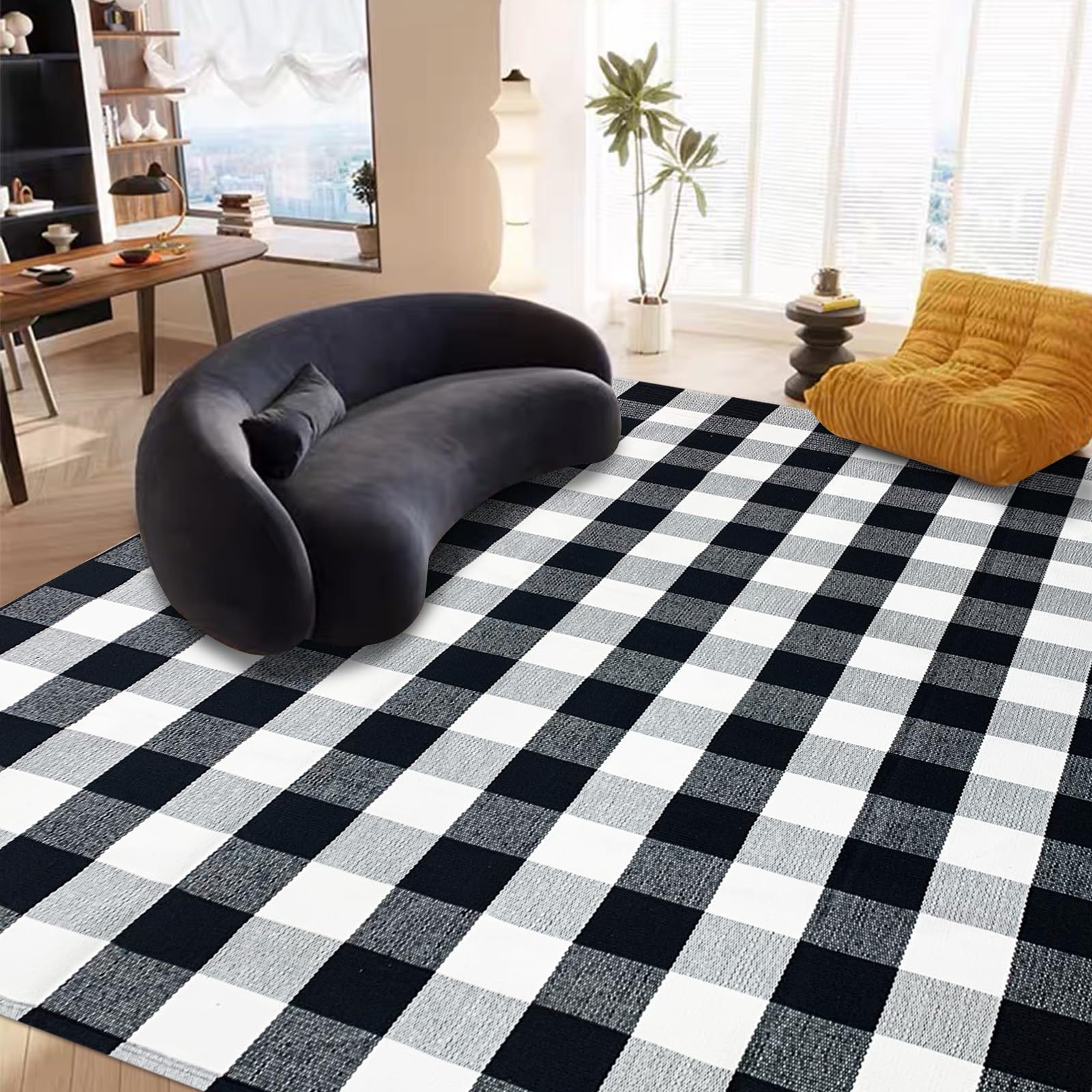 USTIDE Buffalo Plaid Rug 8x10Ft Black and White Checker Area Rug Cotton Woven Indoor Carpet for Living Room Bedroom Dining Room Washable Outdoor Patio Rugs Farmhouse Rug