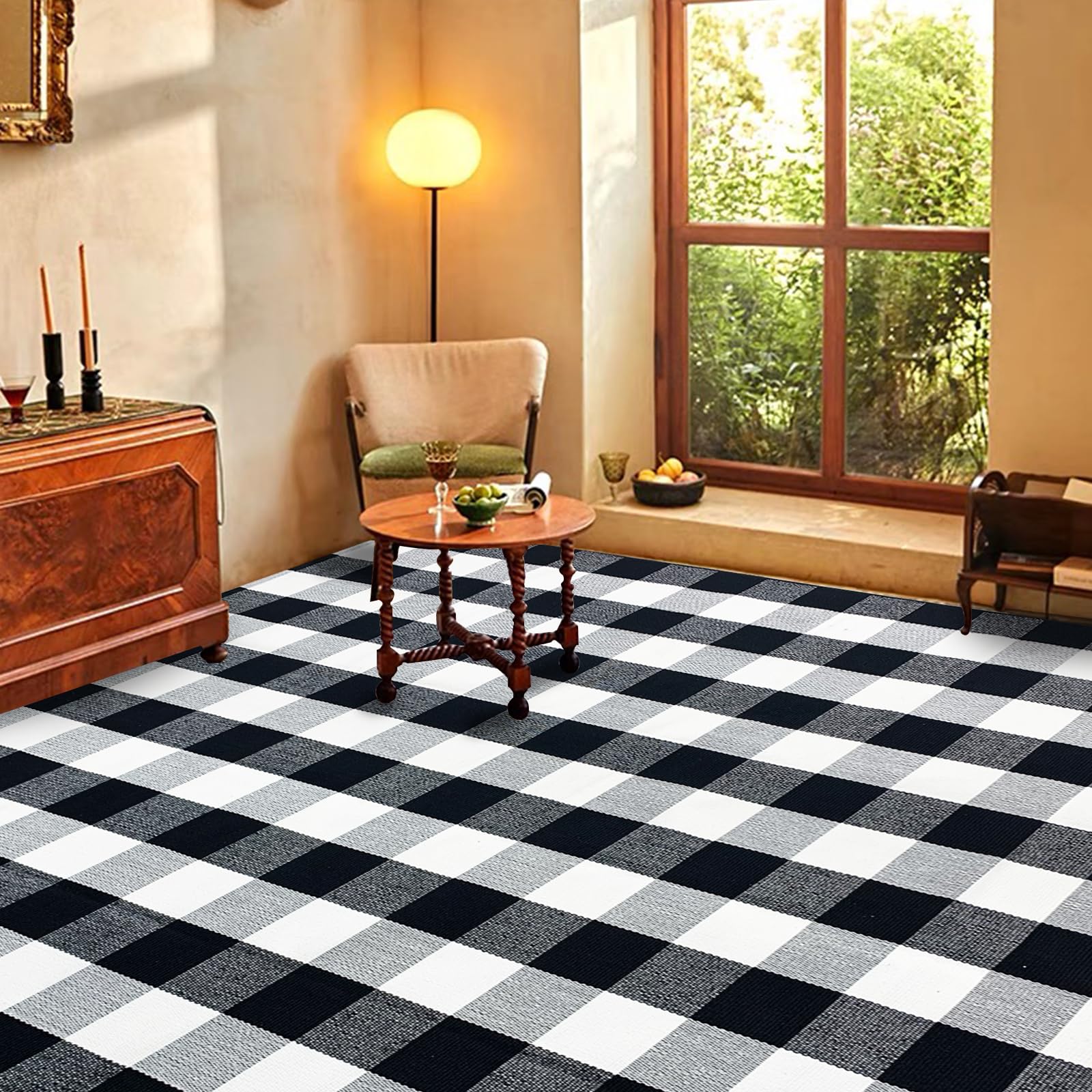 USTIDE Buffalo Plaid Rug 8x10Ft Black and White Checker Area Rug Cotton Woven Indoor Carpet for Living Room Bedroom Dining Room Washable Outdoor Patio Rugs Farmhouse Rug