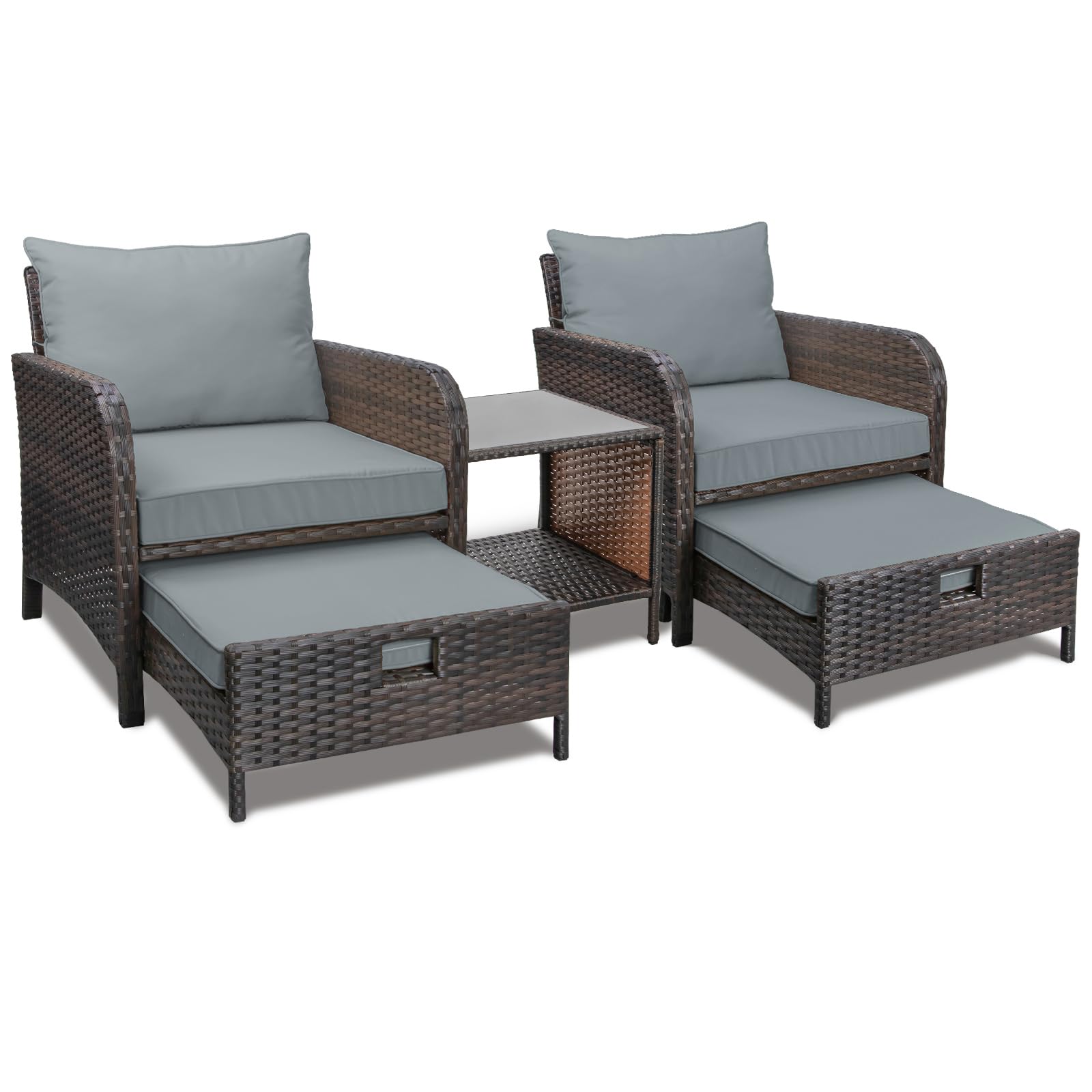 LEVELEVE Balcony Furniture 5 Piece Patio Conversation Set, PE Wicker Rattan Outdoor Lounge Chairs with Soft Cushions 2 Ottoman&Glass Table for Porch, Lawn-Brown Wicker