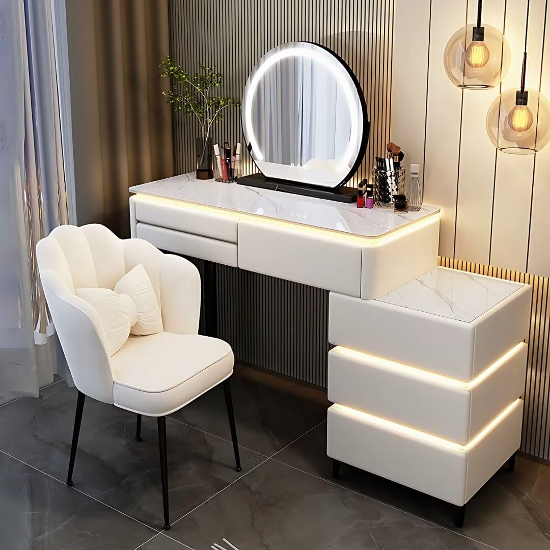 VELLE Vanity, Makeup Vanity with Cabinets and Ambient Light, Vanity Desk Set includes Smart HD Lighted Mirror and Vanity Chairs, Solid Wood Frame Vanity for Bedroom (31.5", 6 Drawers)