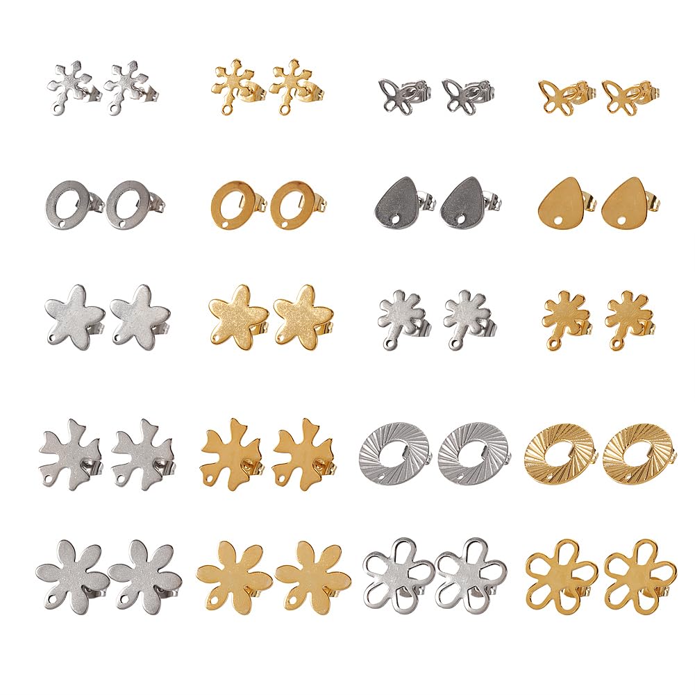 40pcs Stud Earring Findings with 304 Stainless Steel Pins Flower Snowflake Butterfly Shape Earring Studs for Jewelry Making with Ear Nuts