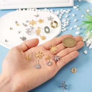 40pcs Stud Earring Findings with 304 Stainless Steel Pins Flower Snowflake Butterfly Shape Earring Studs for Jewelry Making with Ear Nuts