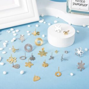 40pcs Stud Earring Findings with 304 Stainless Steel Pins Flower Snowflake Butterfly Shape Earring Studs for Jewelry Making with Ear Nuts