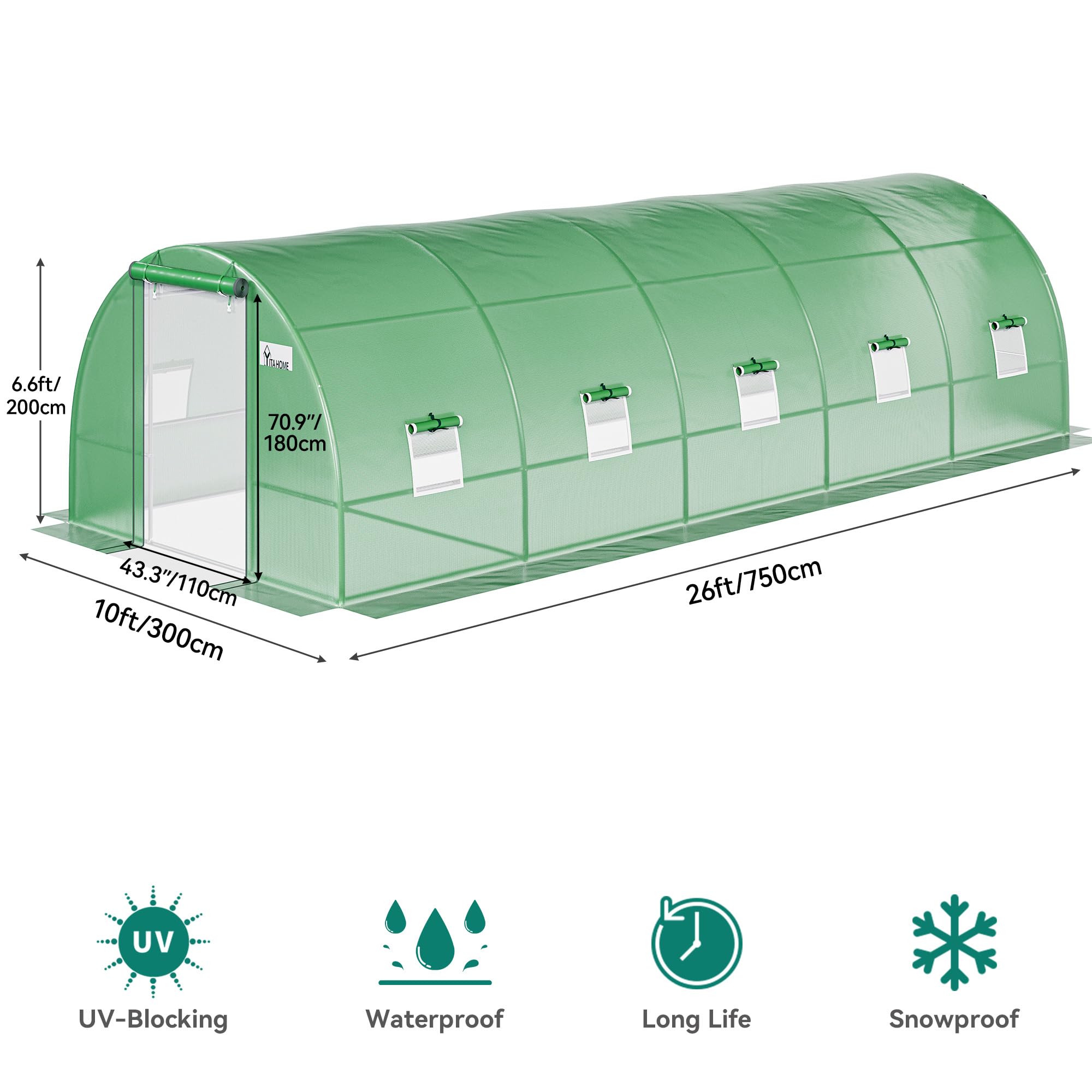 YITAHOME 26x10x6.5ft Greenhouse Large Heavy Duty Tunnel Green Houses Outdoor Plant Gardening Upgraded Galvanized Steel Frame Zipper Doors 7 Crossbars Garden, Green