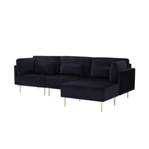 SONGG 105” L-Shaped Modern Convertible Sectional Sofa, Velvet Fabric Upholstered Couch, with Chaise Detachable, Washable Cover and Ottoman, for Living Room, Black