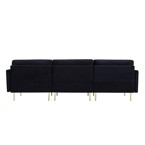 SONGG 105” L-Shaped Modern Convertible Sectional Sofa, Velvet Fabric Upholstered Couch, with Chaise Detachable, Washable Cover and Ottoman, for Living Room, Black