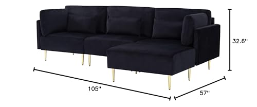 SONGG 105” L-Shaped Modern Convertible Sectional Sofa, Velvet Fabric Upholstered Couch, with Chaise Detachable, Washable Cover and Ottoman, for Living Room, Black