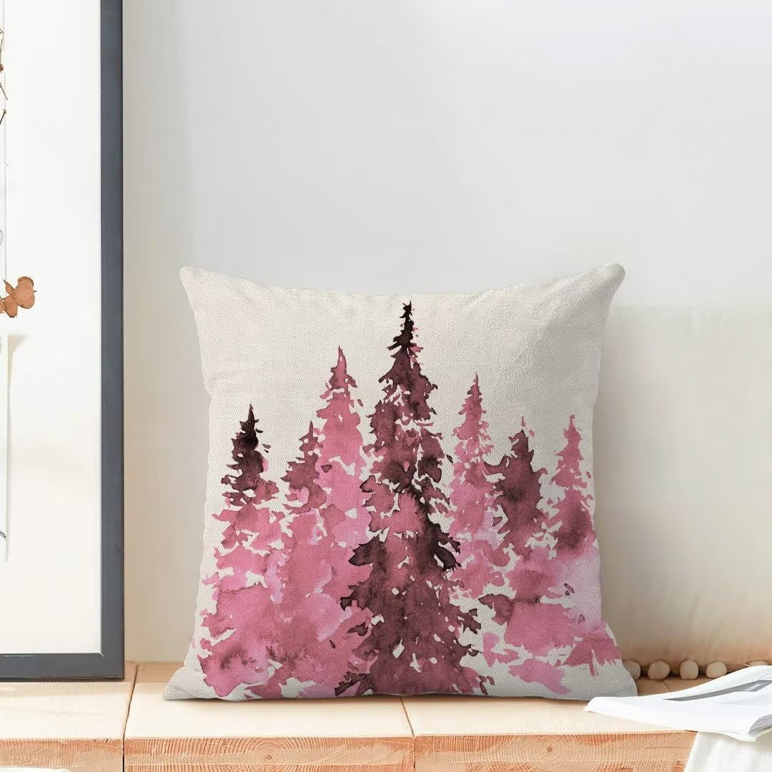 AEIOAE Christmas Pillow Covers 18 X 18 Inch Set of 2, Pink Christmas Trees Decoration Throw Pillow Covers Holiday Farmhouse Winter Pillowcase for Couch Home Sofa Indoor Outdoor Decor