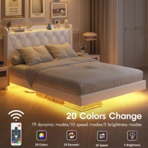 Queen Size Floating Bed Frame with LED Lights, Upholstered PU Leather Platform Bed with Charging Station & Button Tufted Headboard Storage, No Box Spring Needed, White