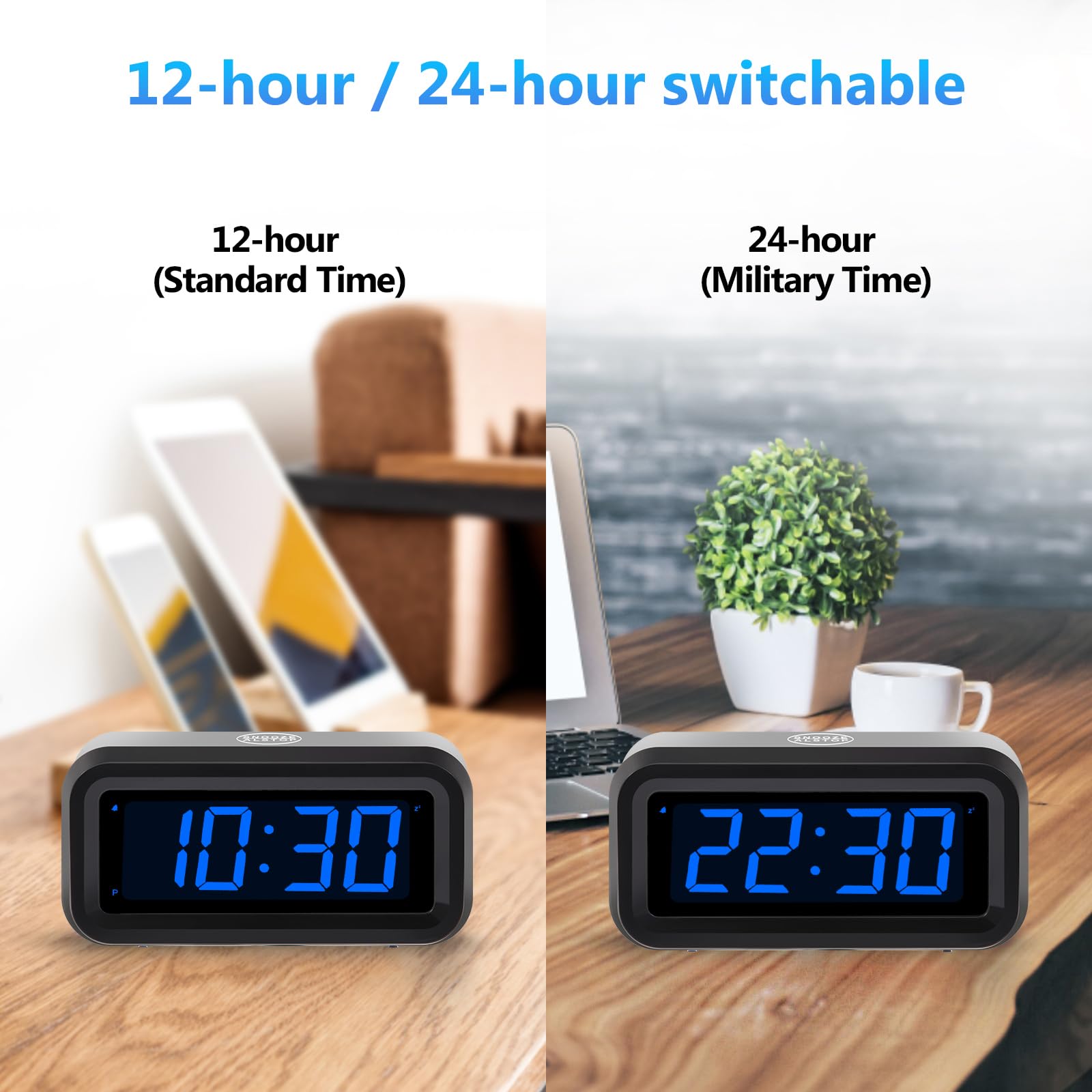 Timegyro Digital Alarm Clock Battery Operated with LED Display for Bedrooms, Long Battery Life, 3 Brightness Adjustable, 12/24 Hour, Snooze, Black Case with Blue Digits