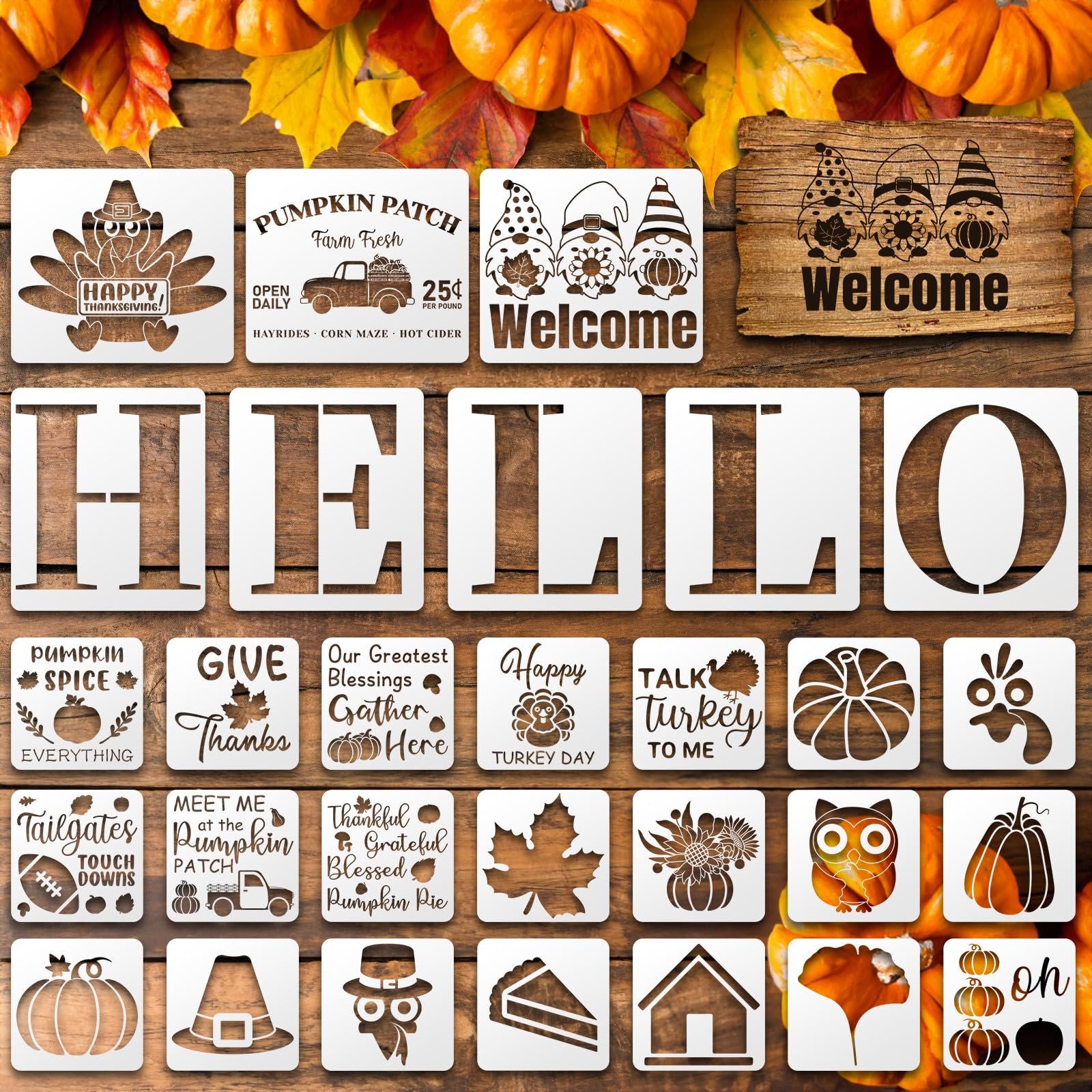 29Pcs Thanksgiving and Fall Stencils for Painting on Wood,Pumpkin Stencils, Vinyl Stencil Reusable Hello Autumn Drawing Templates Crafts for Door Porch Hanger Thanksgiving Wreath Home Decor