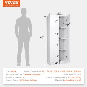 VEVOR 60" Tall Kitchen Cabinet, 110LBS Freestanding Pantry with 3 Shelves(2 Adjustable) for Food Storage, Engineered Wood Utility Cabinet for Kitchen and Dining Room, 12"D x 24"W x 60"H, White