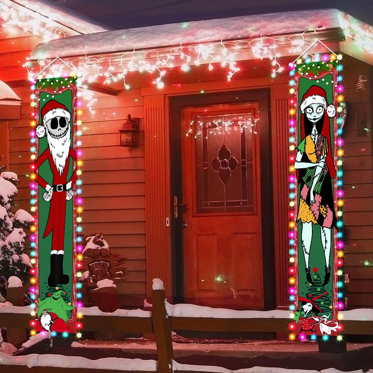 Jack Skellington Sally Christmas Porch Signs with 2 Light Strings Welcome Door Sign for Home Outdoor Indoor Holiday Party Decor