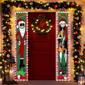 Jack Skellington Sally Christmas Porch Signs with 2 Light Strings Welcome Door Sign for Home Outdoor Indoor Holiday Party Decor