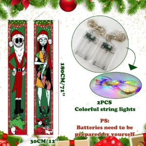 Jack Skellington Sally Christmas Porch Signs with 2 Light Strings Welcome Door Sign for Home Outdoor Indoor Holiday Party Decor