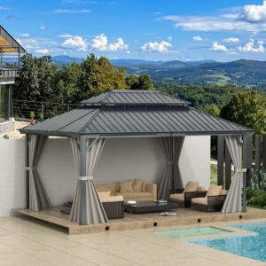 Domi 12'x16' Hardtop Gazebo Canopy,Outdoor Aluminum Gazebo with Galvanized Steel Double Roof,Permanent Gazebo with Drainage System,Curtain and Netting Included,Grey