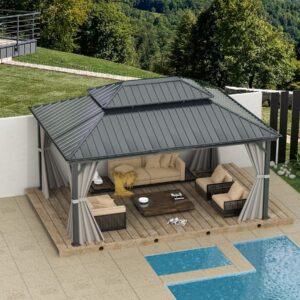 Domi 12'x16' Hardtop Gazebo Canopy,Outdoor Aluminum Gazebo with Galvanized Steel Double Roof,Permanent Gazebo with Drainage System,Curtain and Netting Included,Grey