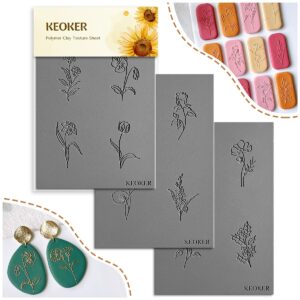 keoker polymer clay texture sheets, birth month flower clay texture mat for making earrings jewerly, polymer clay earrings tools, floral clay texture stamps