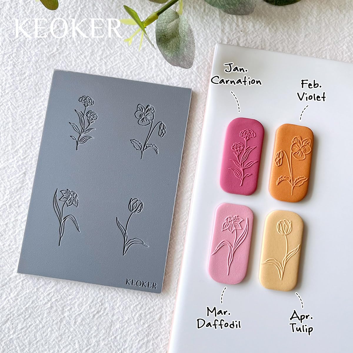 Keoker Polymer Clay Texture Sheets, Birth Month Flower Clay Texture Mat for Making Earrings Jewerly, Polymer Clay Earrings Tools, Floral Clay Texture Stamps