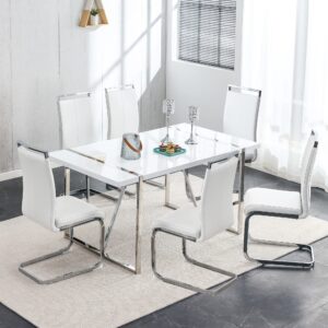 FURNITO Dining Table Set for 6,Modern Rectangle White Dining Table with PU Dining Chairs 6,Ideal for Home,Kitchen Dining Room,Kitchen Table and Chairs for 6