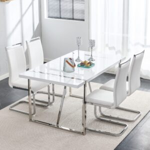 furnito dining table set for 4,modern rectangle white dining table with pu dining chairs 4,ideal for home,kitchen dining room,kitchen table and chairs for 4