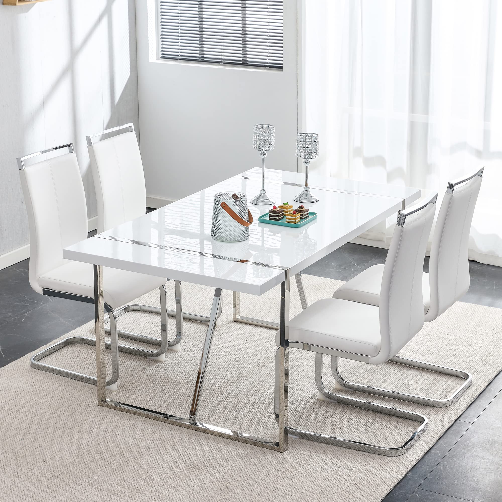 FURNITO Dining Table Set for 4,Modern Rectangle White Dining Table with PU Dining Chairs 4,Ideal for Home,Kitchen Dining Room,Kitchen Table and Chairs for 4