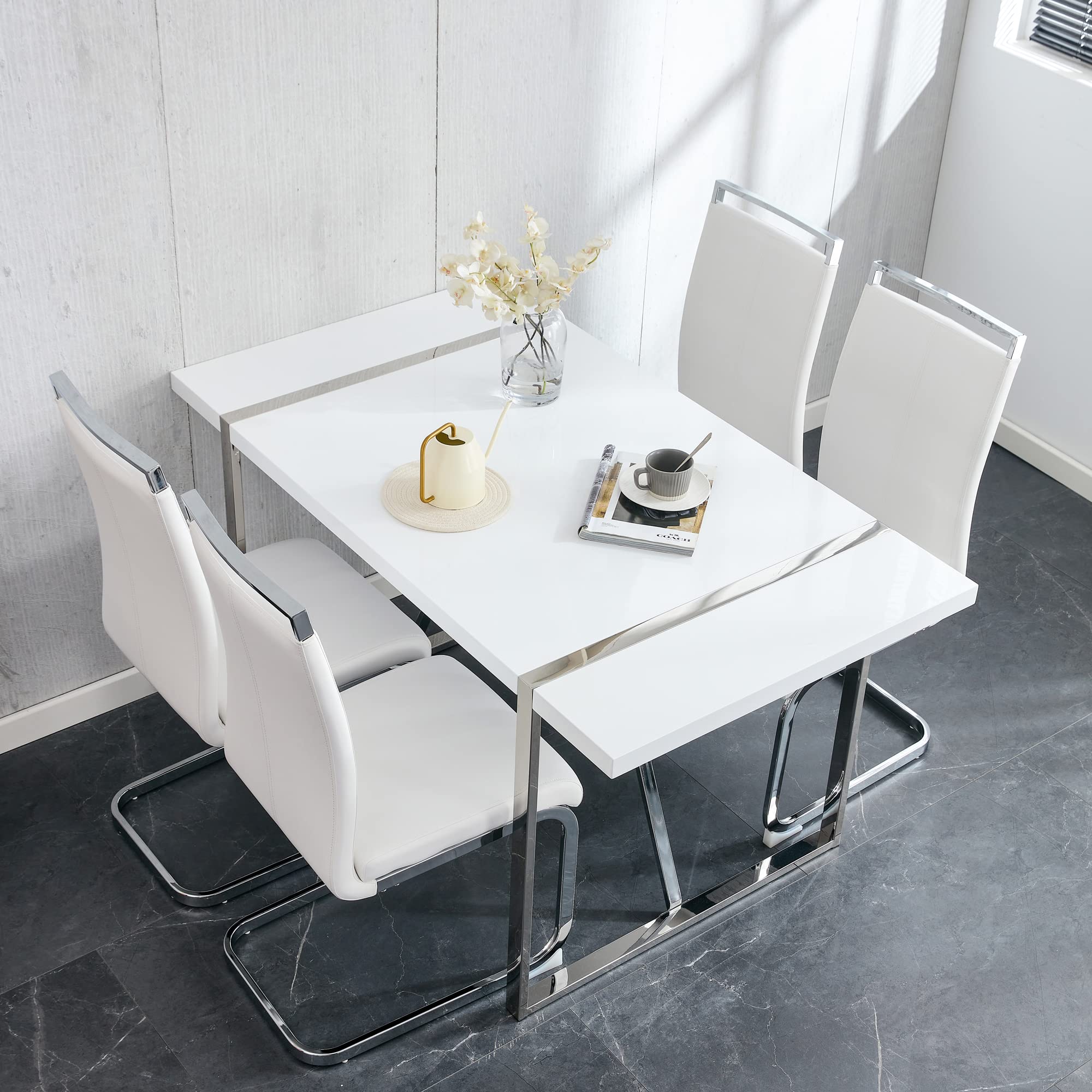 FURNITO Dining Table Set for 4,Modern Rectangle White Dining Table with PU Dining Chairs 4,Ideal for Home,Kitchen Dining Room,Kitchen Table and Chairs for 4