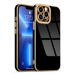 lafunda designed for iphone 13 pro max case, luxury plating cases for women girls cute golden edge shockproof tpu bumper cover with silicone camera protection phone case for iphone 13 pro max, black