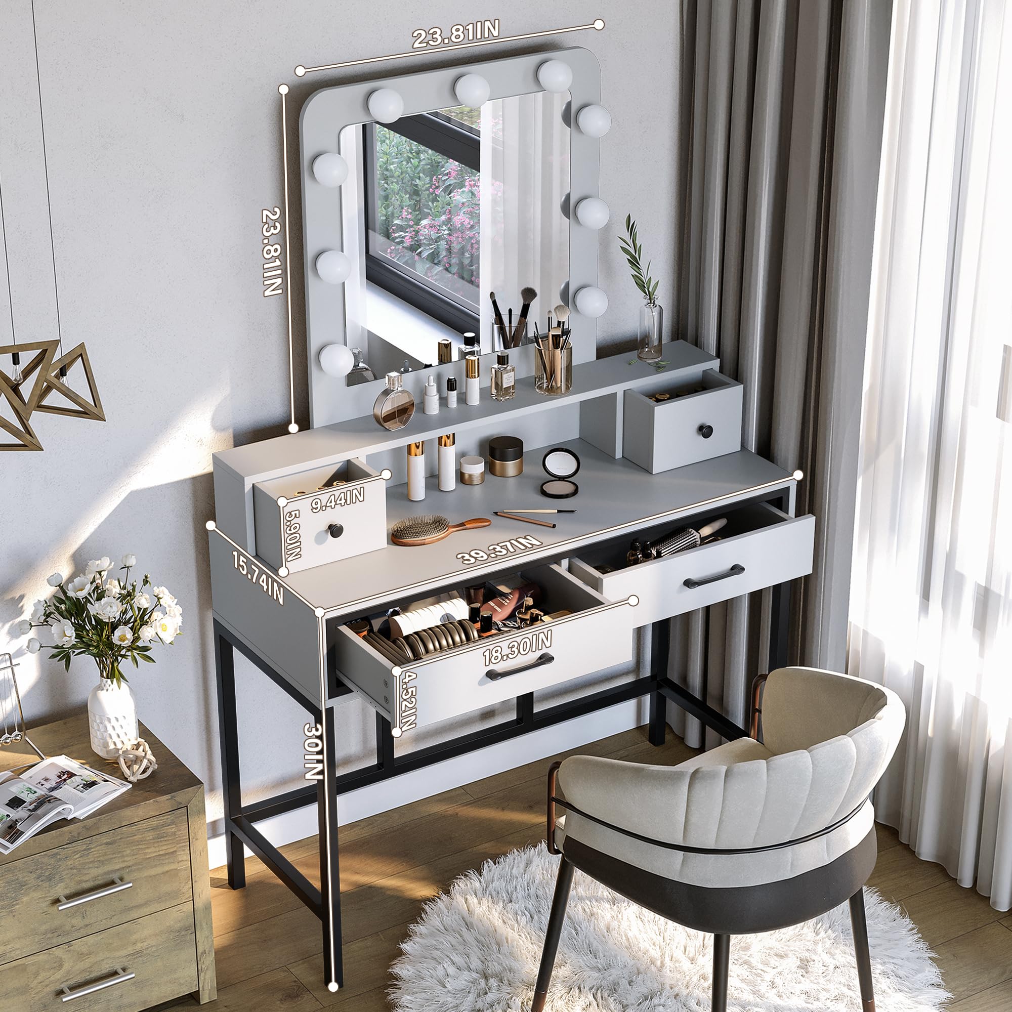 RoyalCraft Vanity with Lights, Makeup Vanity Desk with 3 Color Dimmable Lighted Hollywood Mirror, White Vanity with 4 Drawers, Large Dressing Table for Women Girls