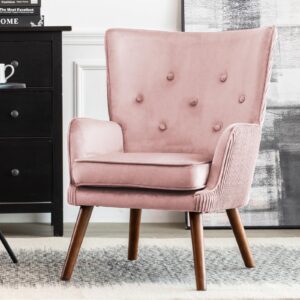 bekrvio velvet accent chair, modern wingback armchair with high-back, 4" thick seat cushion, velvet upholstered single sofa chair for living room bedroom reading vanity chair club arm chair (pink)