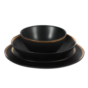 Gibson Elite Kings Road Double Plates and Bowl Organic Round Porcelain Dinnerware Set - Matte Black w/Gold Rim