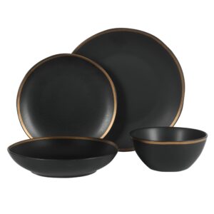 Gibson Elite Kings Road Double Plates and Bowl Organic Round Porcelain Dinnerware Set - Matte Black w/Gold Rim