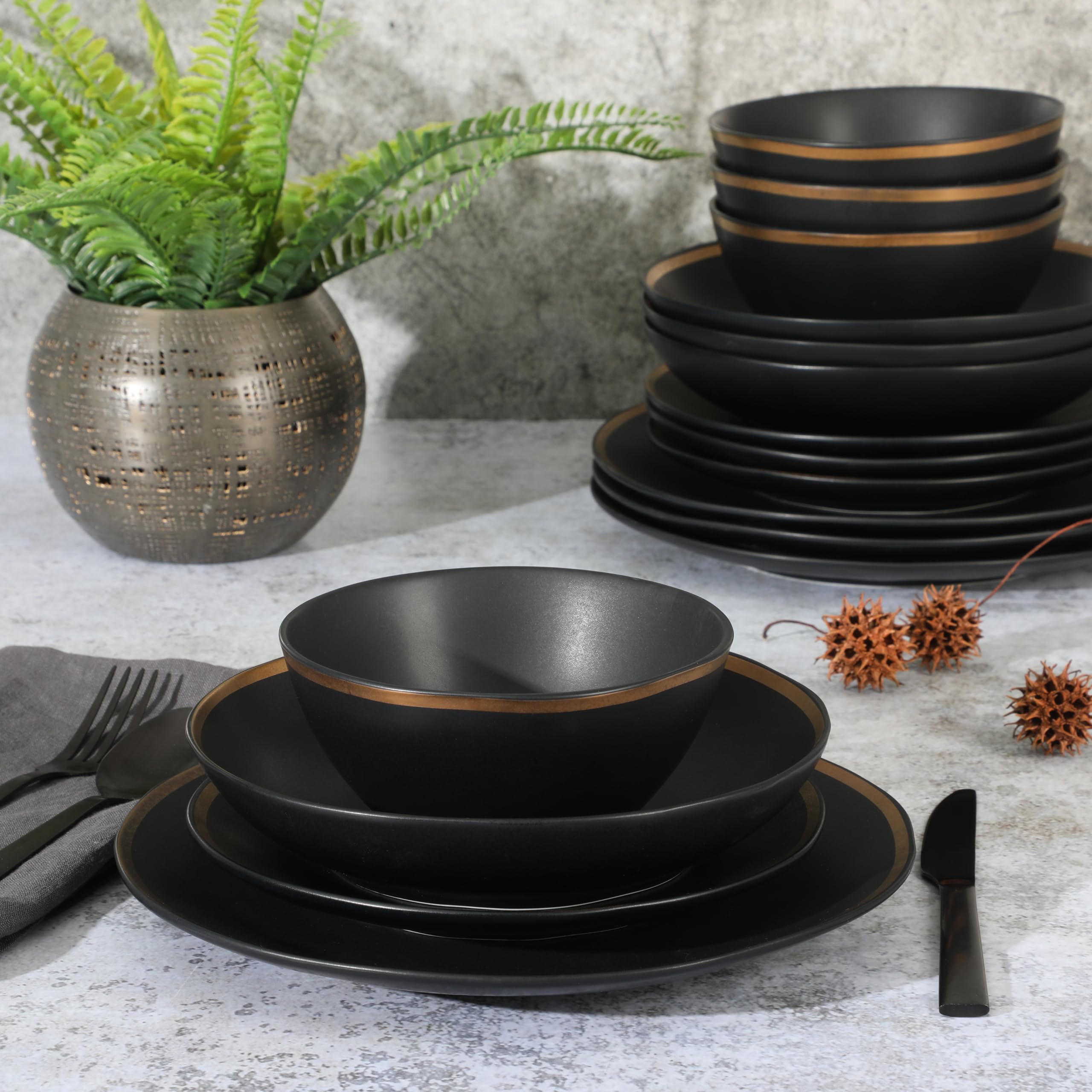 Gibson Elite Kings Road Double Plates and Bowl Organic Round Porcelain Dinnerware Set - Matte Black w/Gold Rim