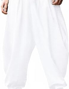 perdontoo Mens Baggy Harem Pants Elastic Waist Hippie Anime Pant Japanese Drop Crotch Trousers (32, White)