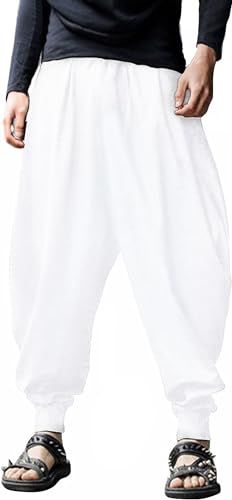 perdontoo Mens Baggy Harem Pants Elastic Waist Hippie Anime Pant Japanese Drop Crotch Trousers (32, White)