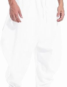 perdontoo Mens Baggy Harem Pants Elastic Waist Hippie Anime Pant Japanese Drop Crotch Trousers (32, White)