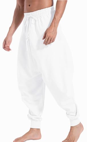 perdontoo Mens Baggy Harem Pants Elastic Waist Hippie Anime Pant Japanese Drop Crotch Trousers (32, White)