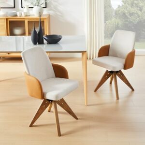 Art Leon Swivel Accent Chair, Modern Desk Chair No Wheels, Fabric Upholstered Armchair with Oak Wood Legs for Living Room Bedroom Home Office, Off White