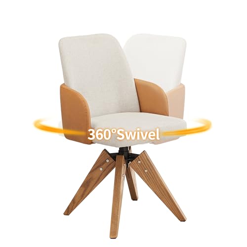 Art Leon Swivel Accent Chair, Modern Desk Chair No Wheels, Fabric Upholstered Armchair with Oak Wood Legs for Living Room Bedroom Home Office, Off White