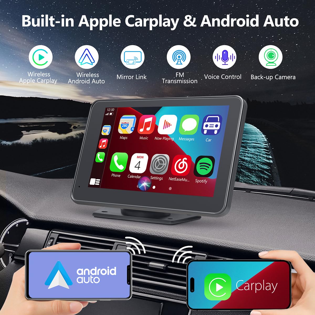 Gegaibe Wireless Car Stereo with Apple CarPlay/Android Auto, Portable Touch Screen Car Radio Multimedia Player with Bluetooth, Backup Camera, Navigation, Mirror Link for All Vehicles