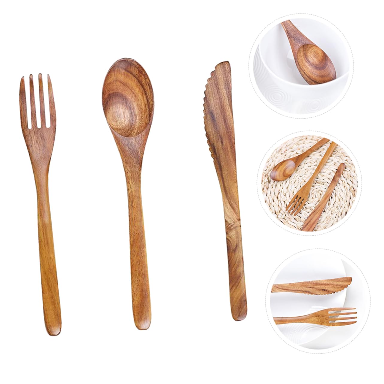 Abaodam 3 Sets Cutlery Spoon Salad Serving Utensils Wooden Utensils for Eating Cake Server Wood Dinnerware Dessert Spoon Pizza Cutter Pudding Spoon Wood Tableware Reusable Dessert Fork