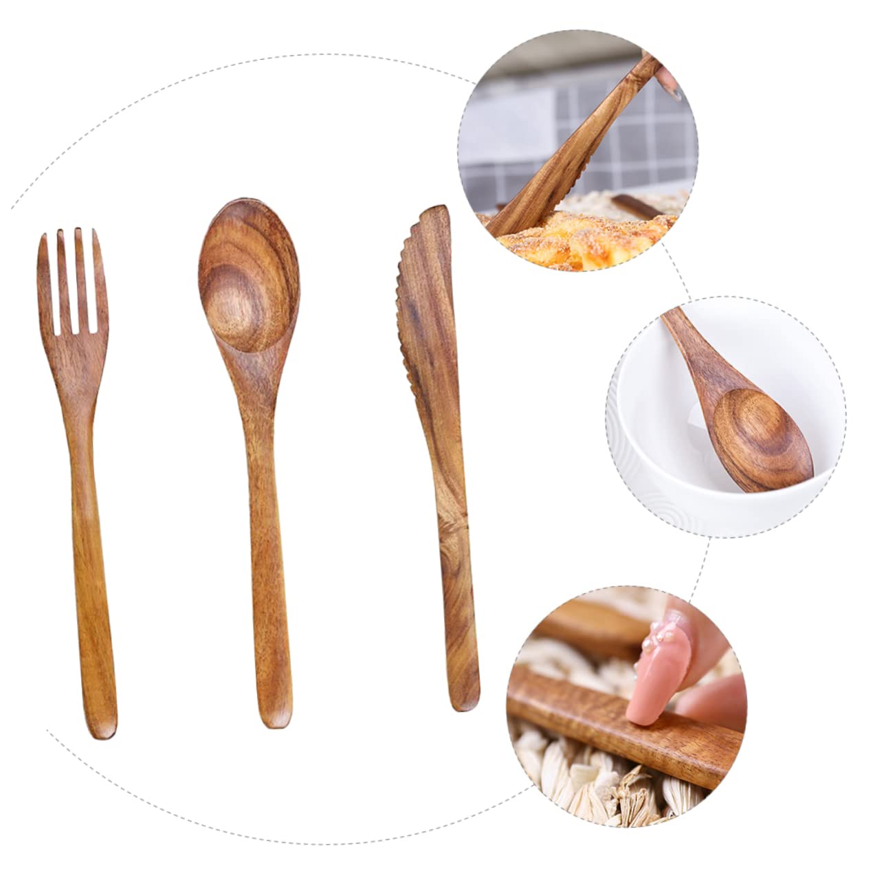 Abaodam 3 Sets Cutlery Spoon Salad Serving Utensils Wooden Utensils for Eating Cake Server Wood Dinnerware Dessert Spoon Pizza Cutter Pudding Spoon Wood Tableware Reusable Dessert Fork