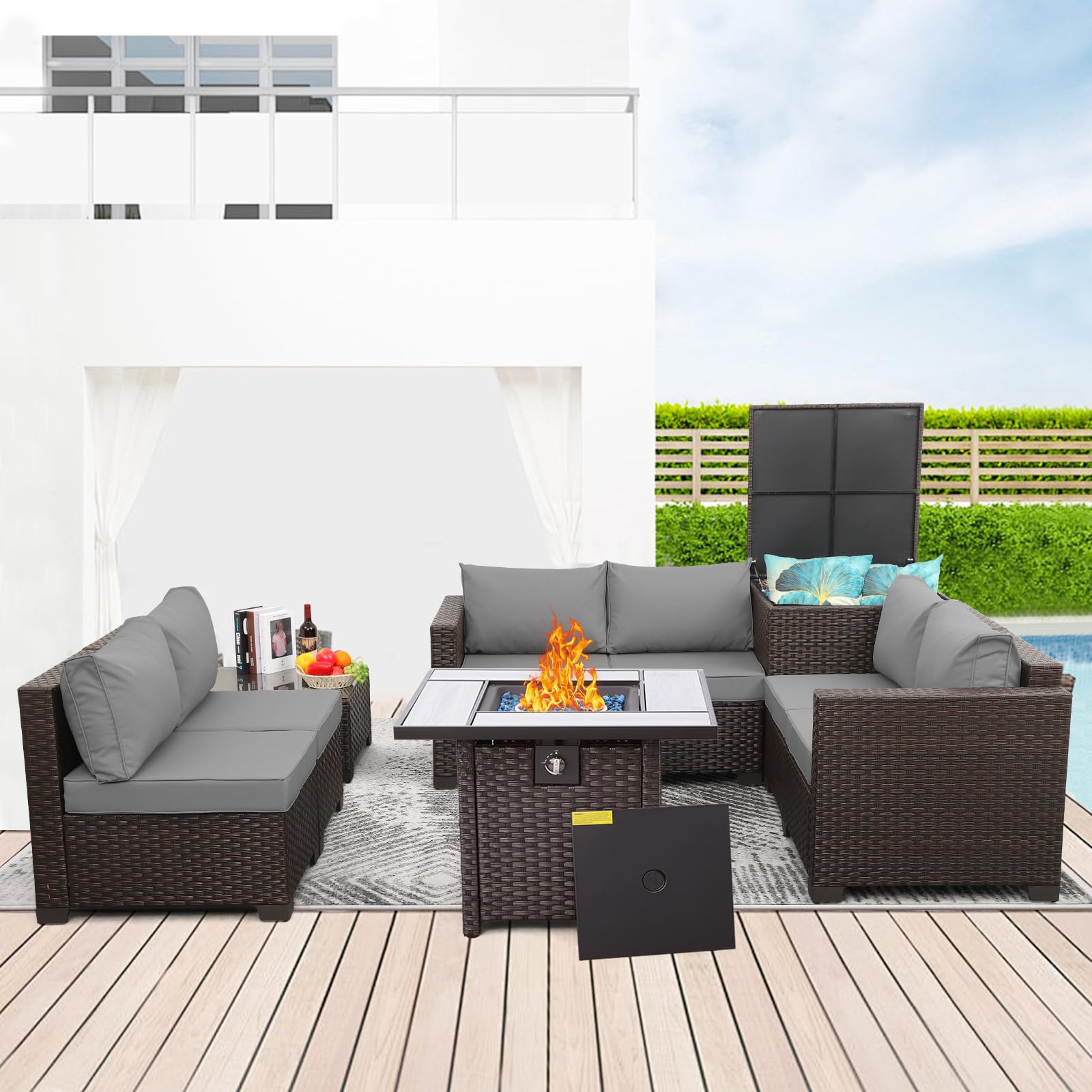 WAROOM 7 Pieces Patio Furniture Set PE Wicker Outdoor Brown Rattan Sectional Sofa Loveseat Couch Conversation Sets with Storage Bin Coffee Table and Propane Fire Pit, Anti-Slip Grey Cushion