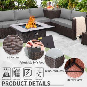 WAROOM 7 Pieces Patio Furniture Set PE Wicker Outdoor Brown Rattan Sectional Sofa Loveseat Couch Conversation Sets with Storage Bin Coffee Table and Propane Fire Pit, Anti-Slip Grey Cushion