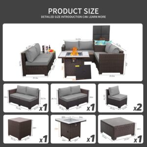 WAROOM 7 Pieces Patio Furniture Set PE Wicker Outdoor Brown Rattan Sectional Sofa Loveseat Couch Conversation Sets with Storage Bin Coffee Table and Propane Fire Pit, Anti-Slip Grey Cushion